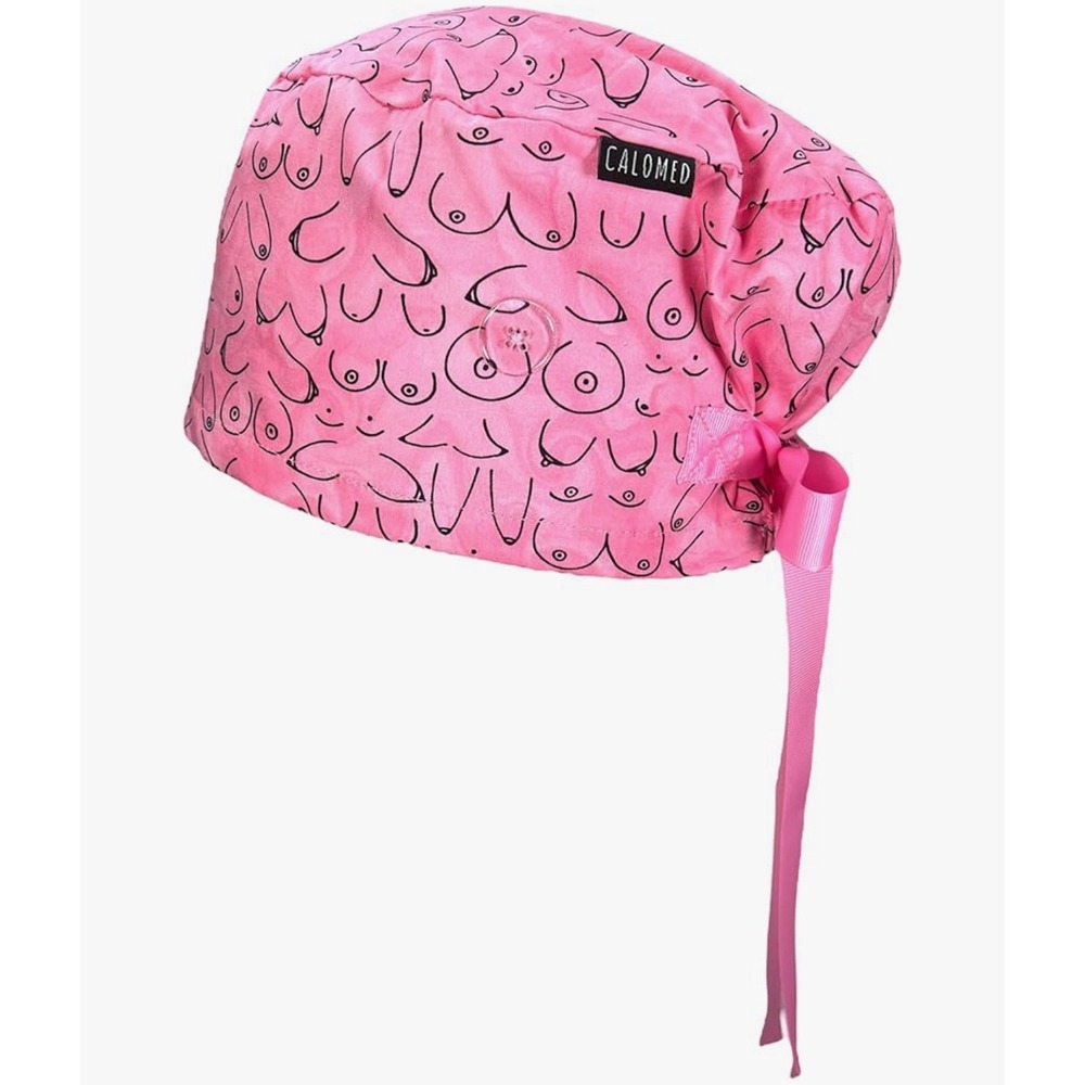 CALOMED Scrub Cap Surgical Hat Adjustable Tie Back Boobs on Pink